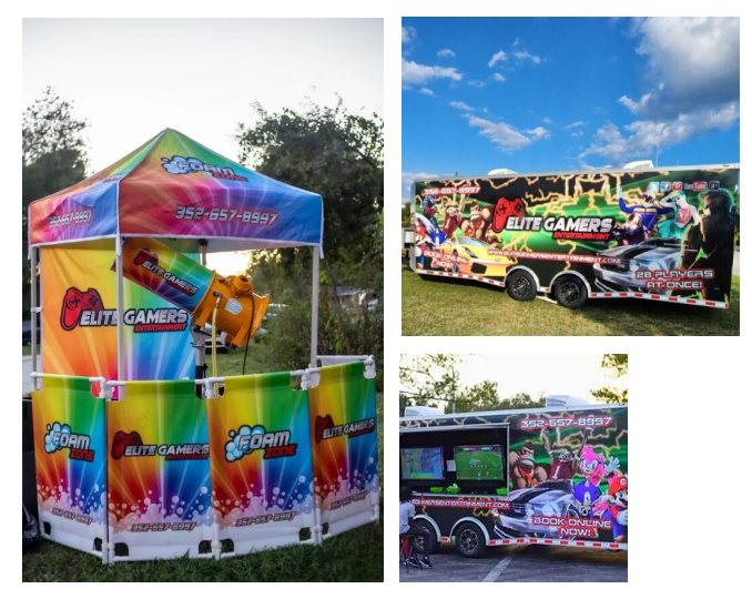 A collage of different types of carnival rides.